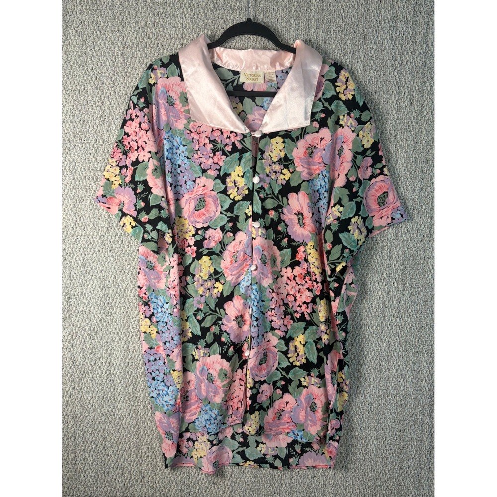 Vintage Victorias Secret Floral Nightgown Pink Satin Collar Button Front M/L